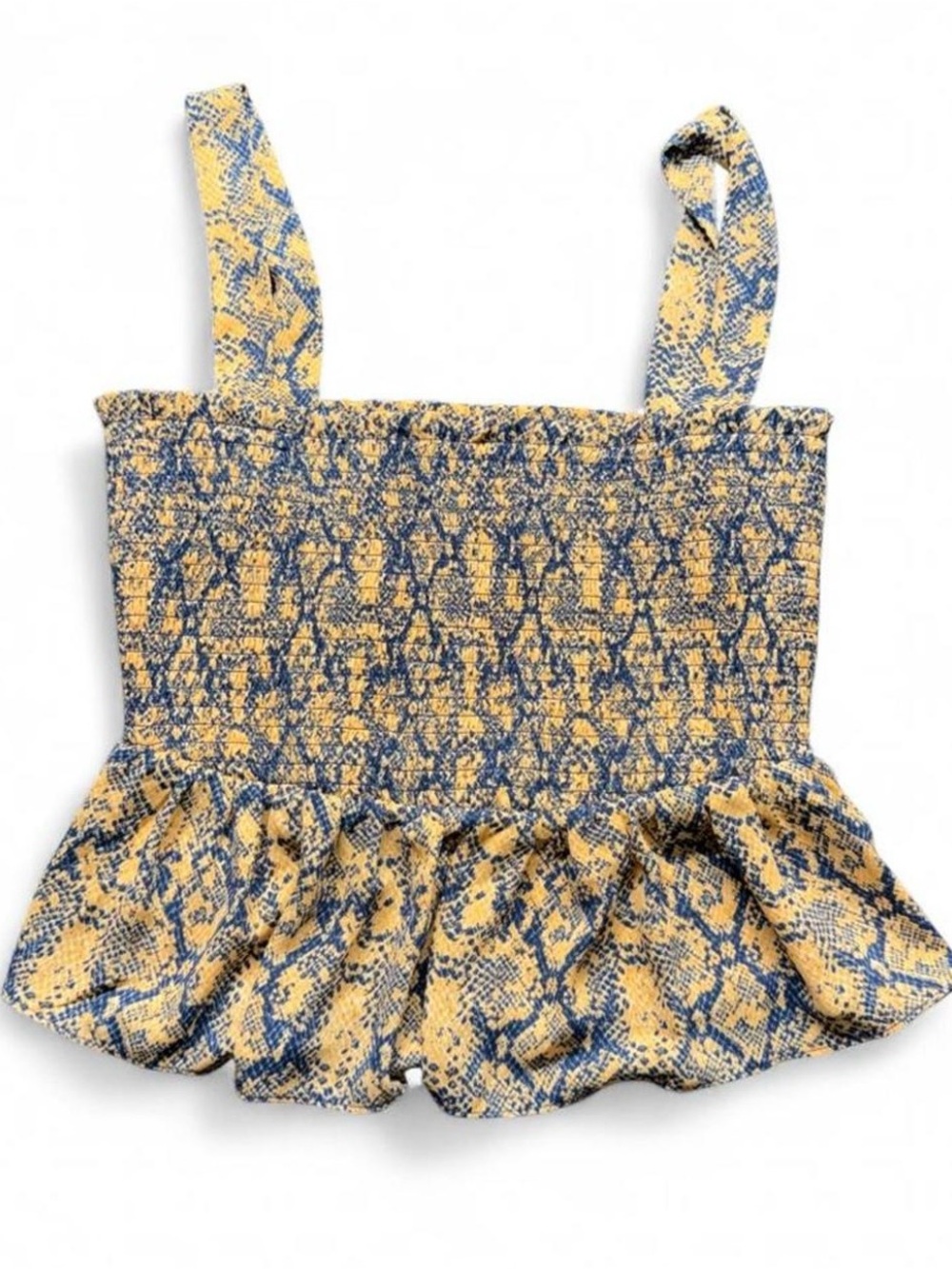 BCBGMaxAzria Yellow and Blue Smocked Tank Top with Ruffle Hem